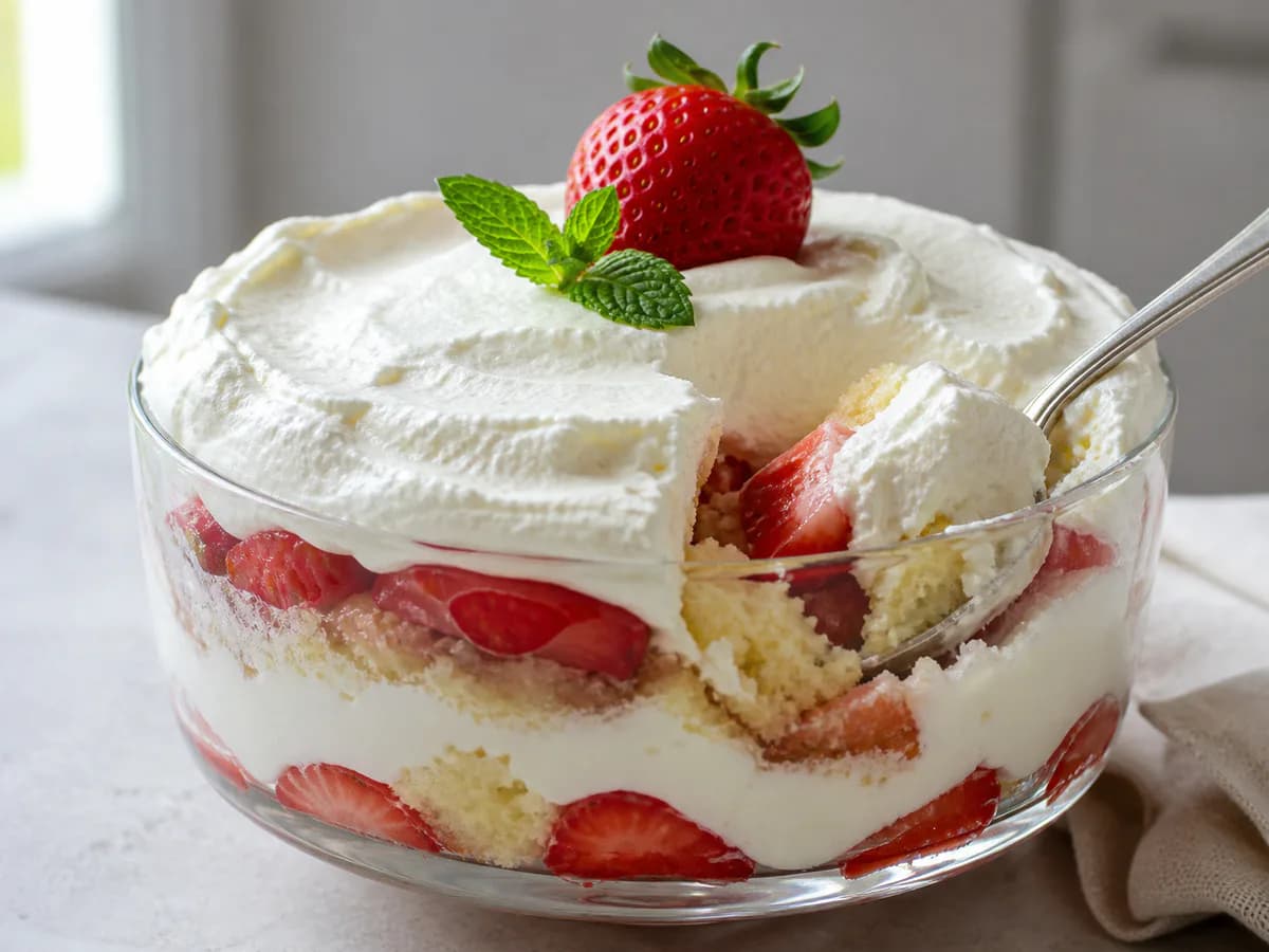 Pormenor de uma porção de Trifle de Morangos Cremoso