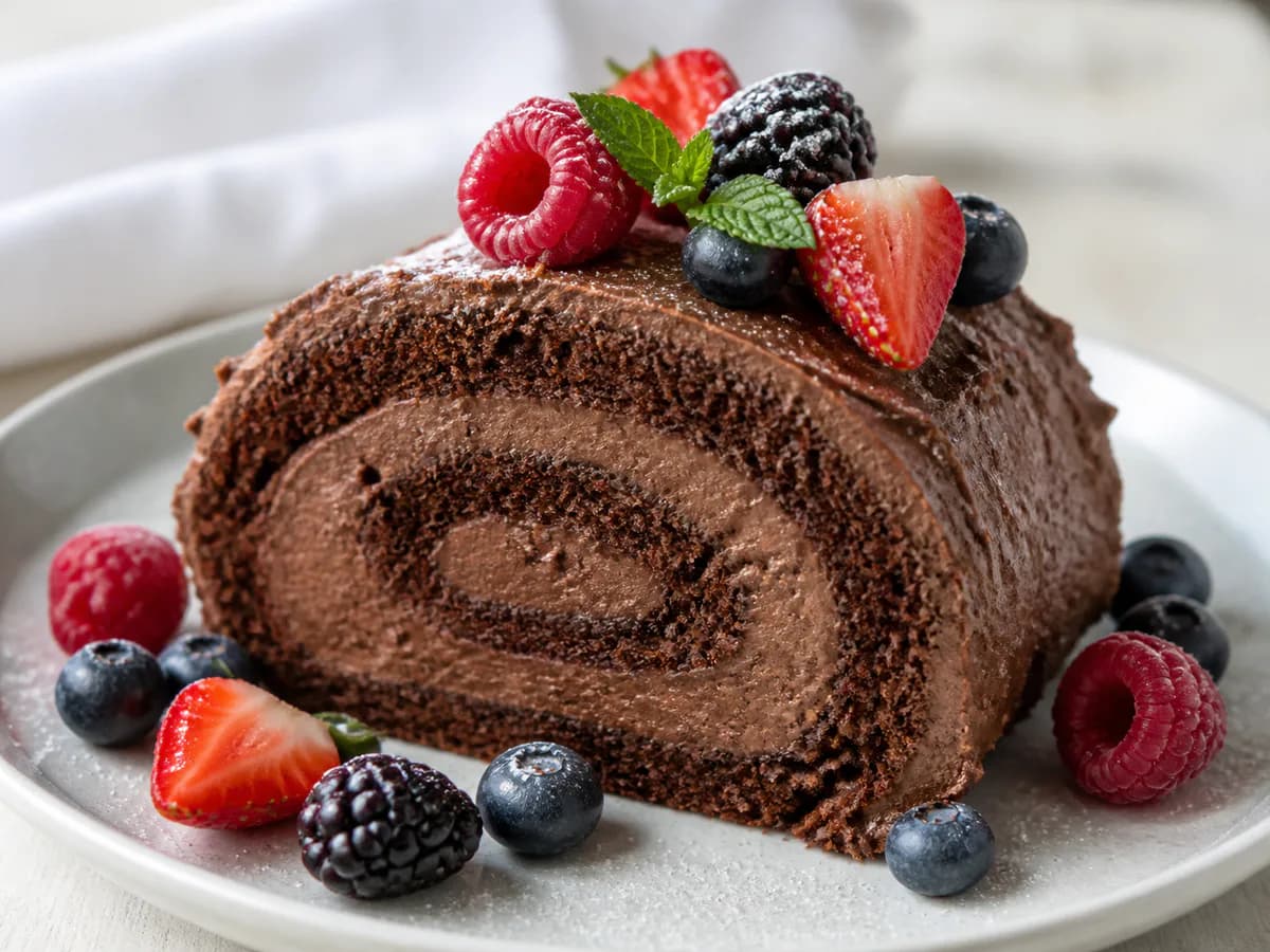 Pormenor de uma porção de Tronco de Natal com Mousse de Chocolate e Frutos Vermelhos