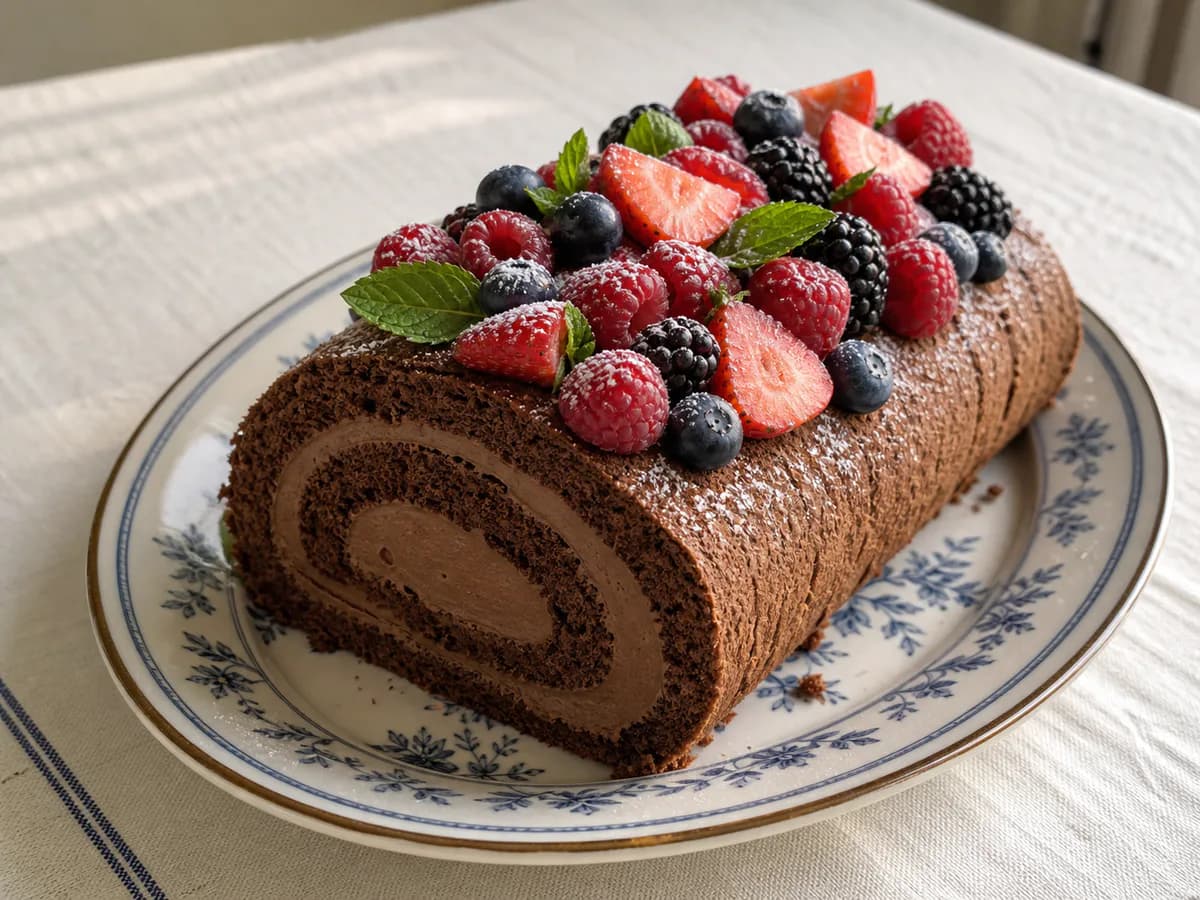Tronco de Natal com Mousse de Chocolate e Frutos Vermelhos