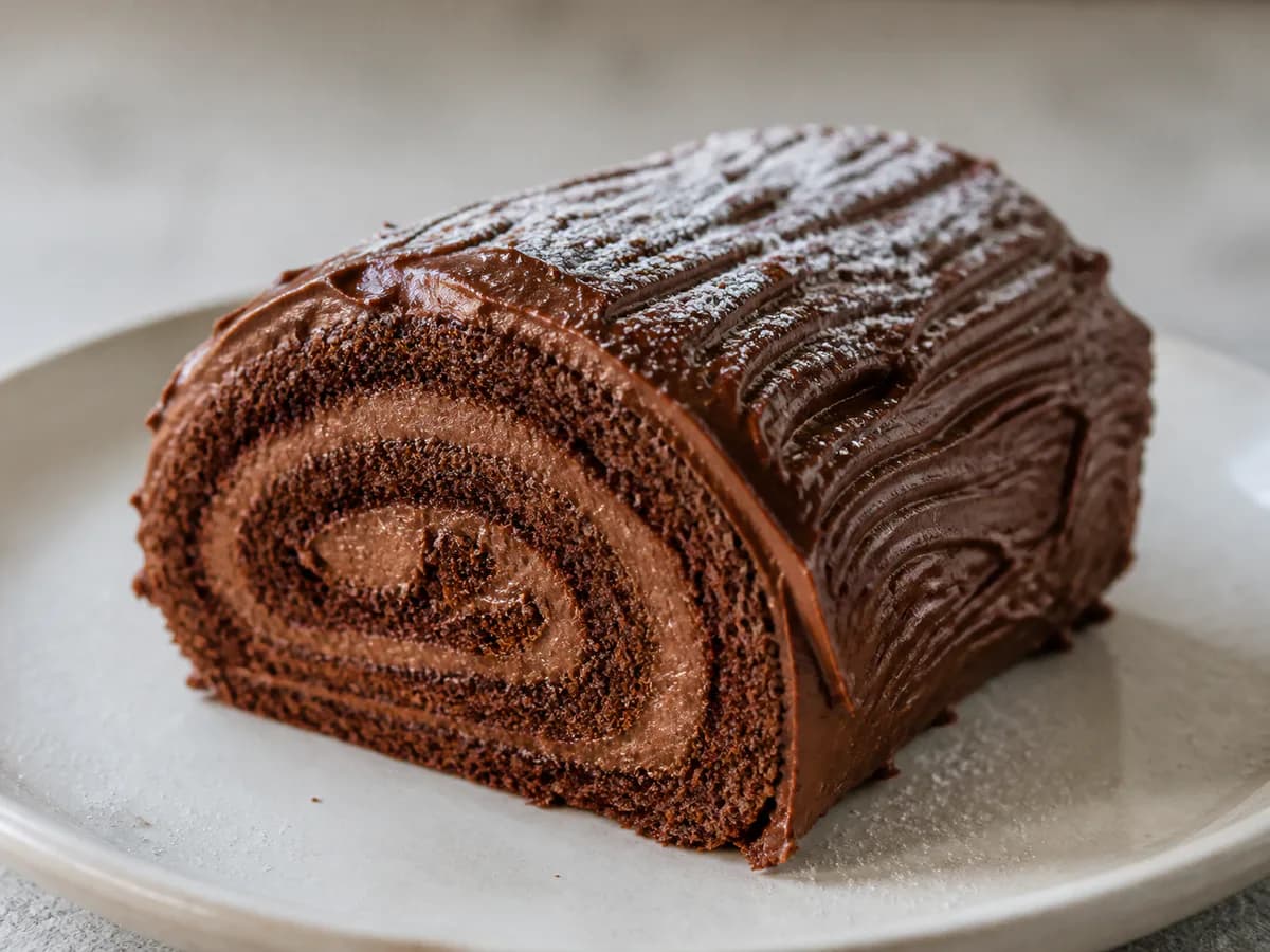 Pormenor de uma porção de Tronco de Natal de Chocolate