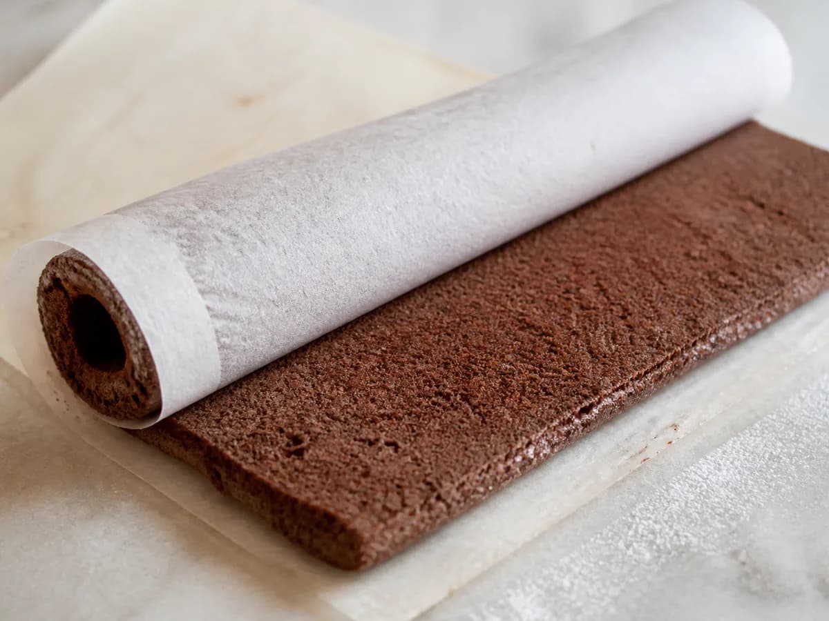 Preparação de Tronco de Natal de Chocolate durante a confeção