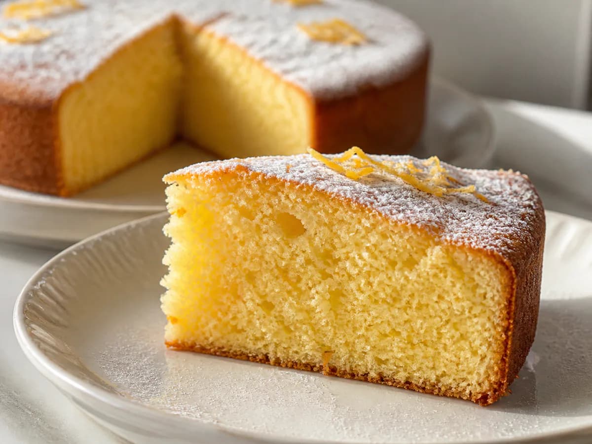 Pormenor de uma porção de Bolo de Limão e Laranja com Yogurte