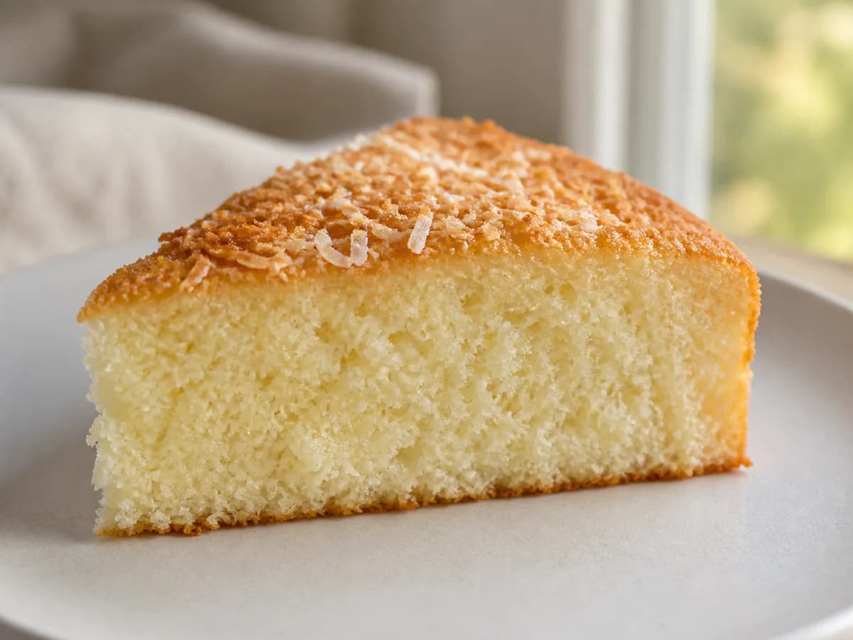 Pormenor de uma porção de Um Simples E Delicioso Bolo de Coco