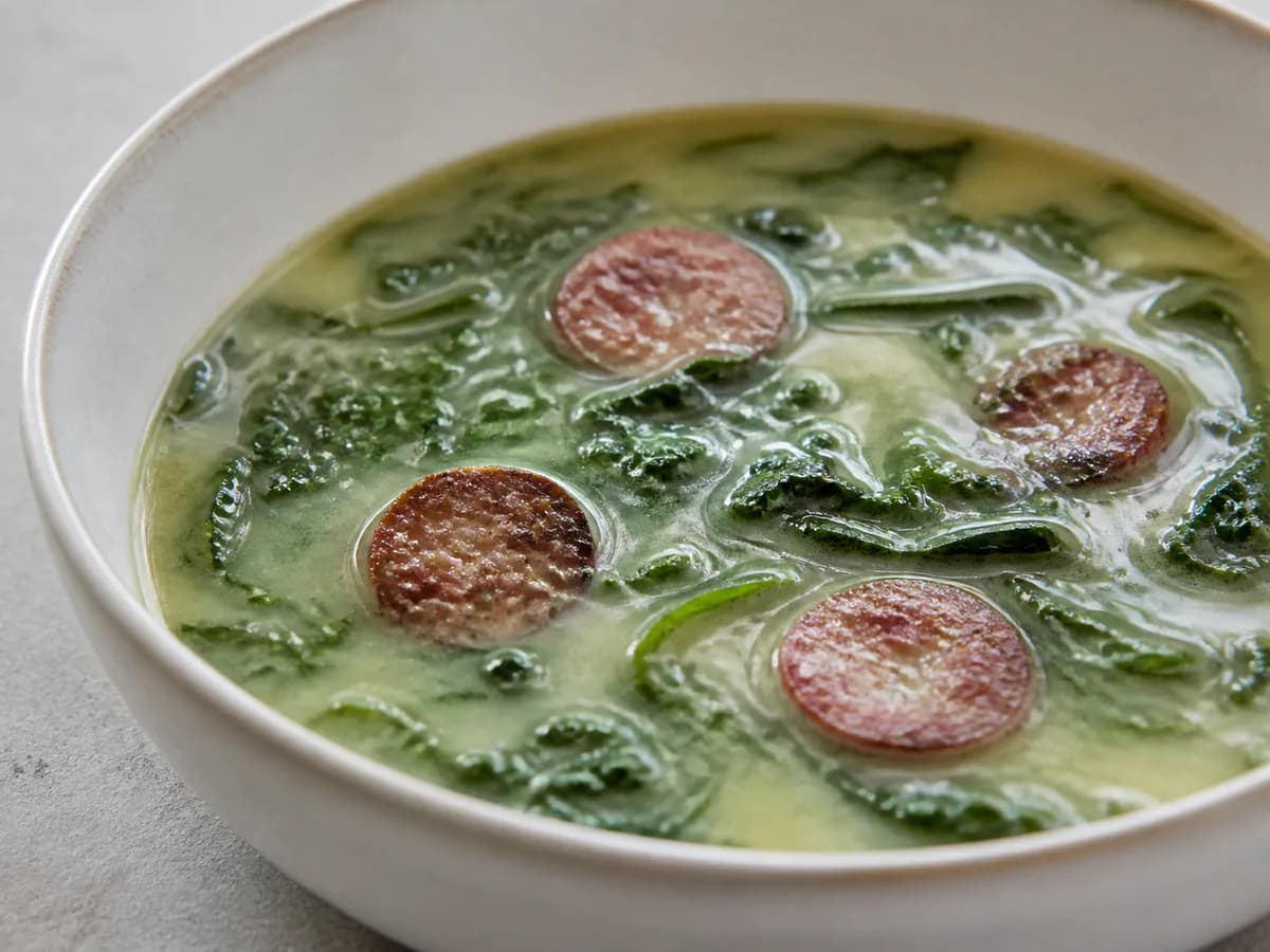 Pormenor de uma porção de Um Simples E Saboroso Caldo Verde