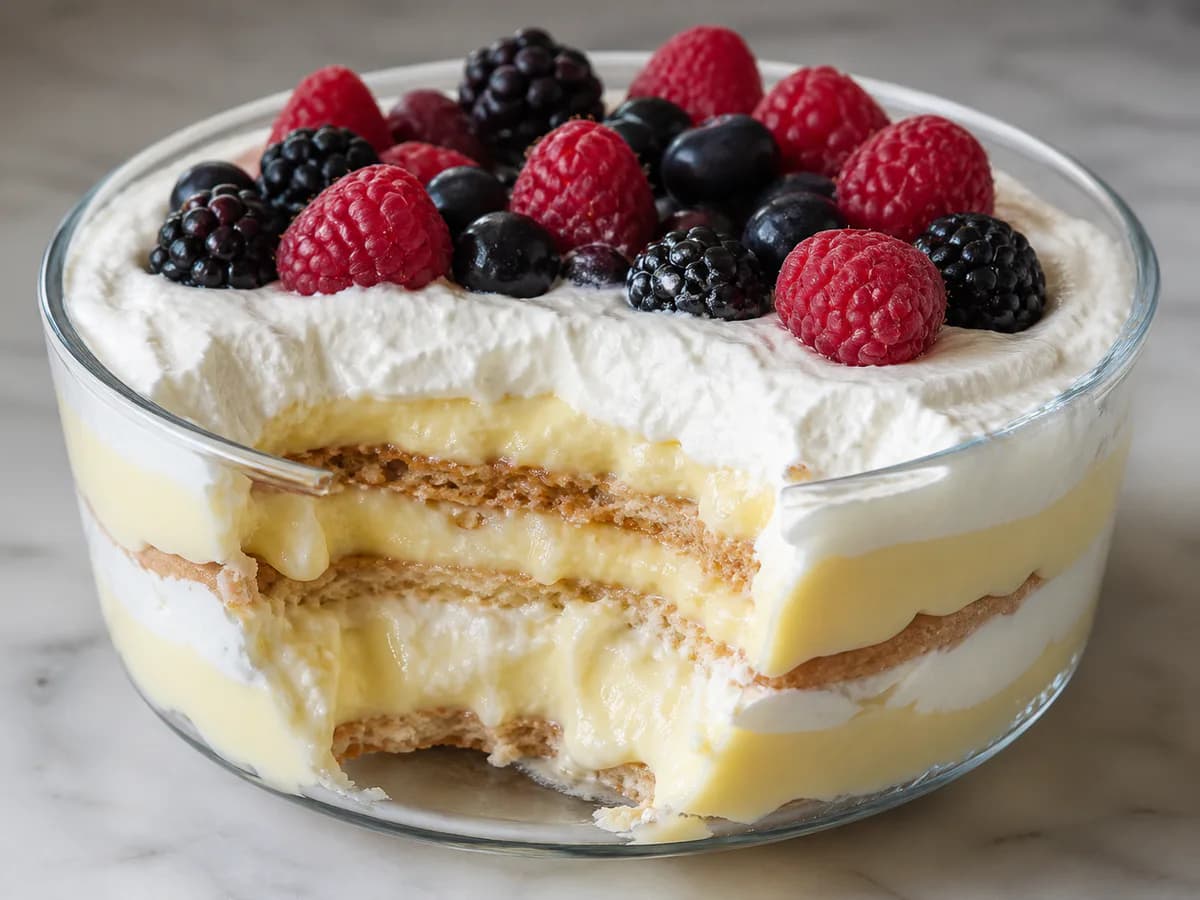 Pormenor de uma porção de Trifle de Bolacha e Frutos Vermelhos Super Prático