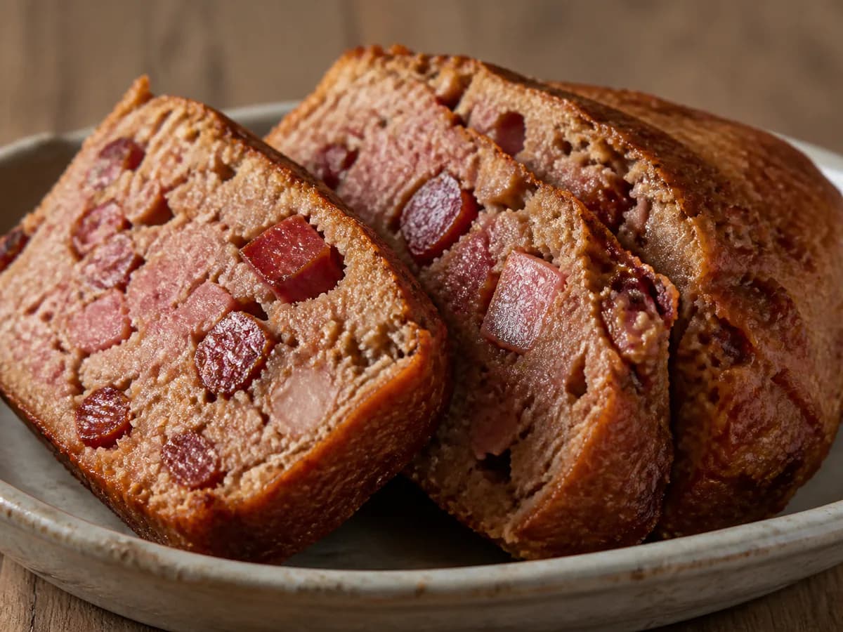 Pormenor de uma porção de Bola de Chouriço de Porco Preto com Bacon e Presunto