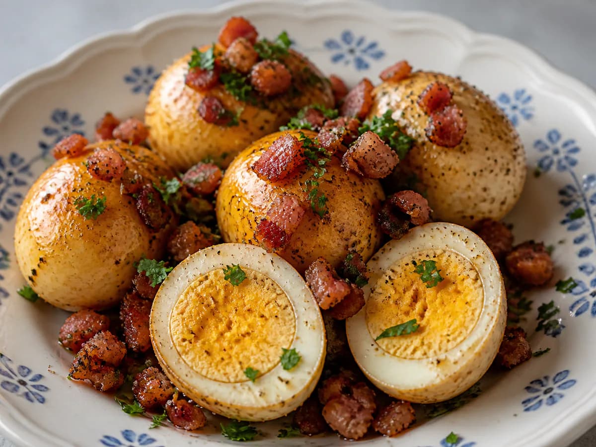 Pormenor de uma porção de Receita Simples de Cocorotes (Ovos Cozidos com Bacon e Salsa)