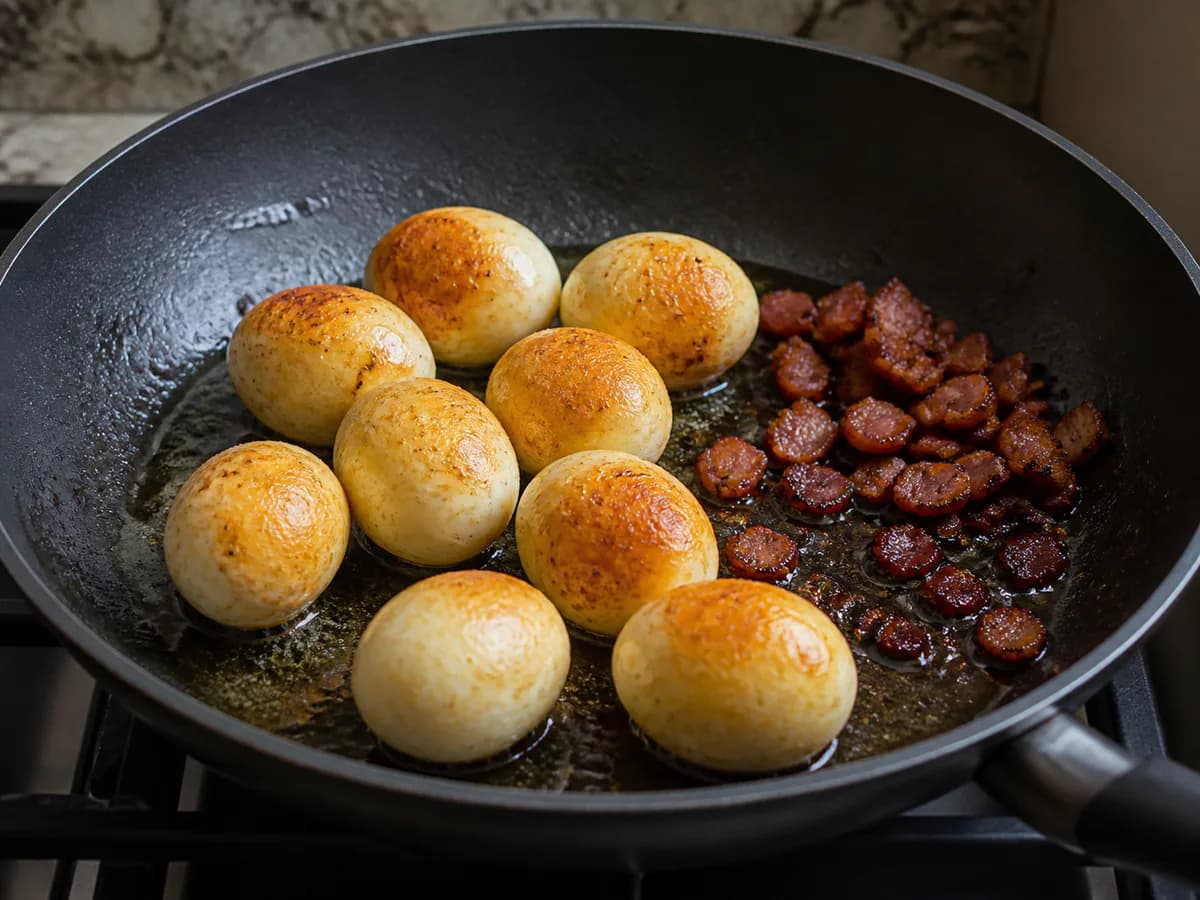 Preparação de Receita Simples de Cocorotes (Ovos Cozidos com Bacon e Salsa) durante a confeção
