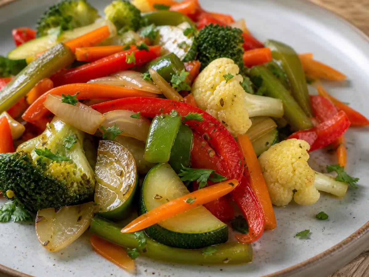 Pormenor de uma porção de Vegetais Salteados à Portuguesa