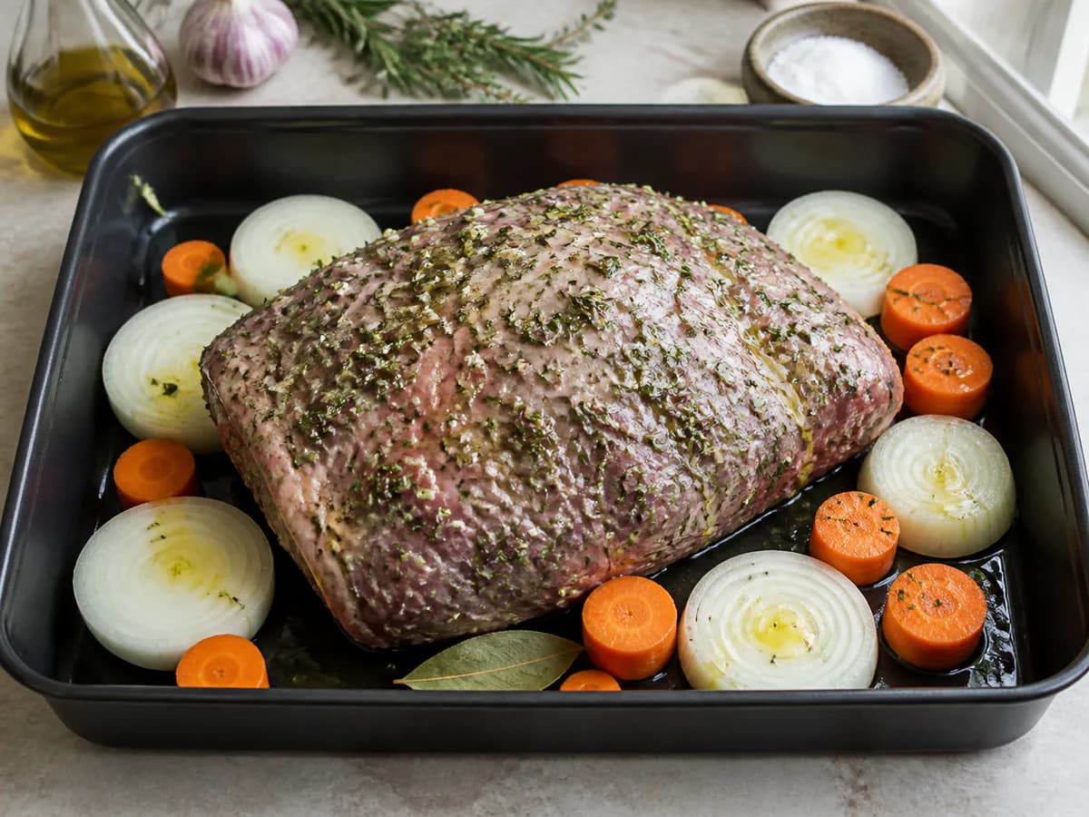 Preparação de Vitela Assada no Forno com Ervas Aromáticas durante a confeção