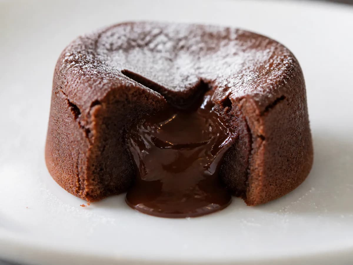 Pormenor de uma porção de Vulcões de Chocolate (Petit Gâteaux)